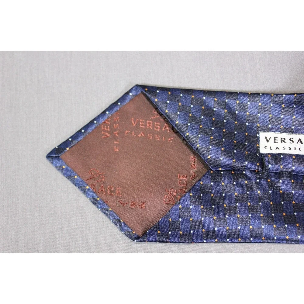 Vintage Versace Necktie Classic V2 Geometric Pattern Handmade Blue Silk Tie